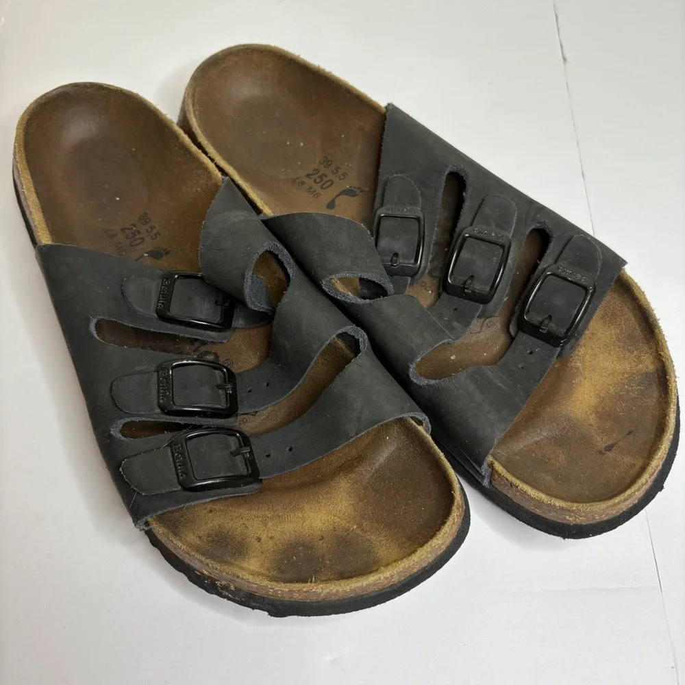 Birkenstocks Betula Black Leather Triple Strap Sandals Women's Size 39 5.5‎